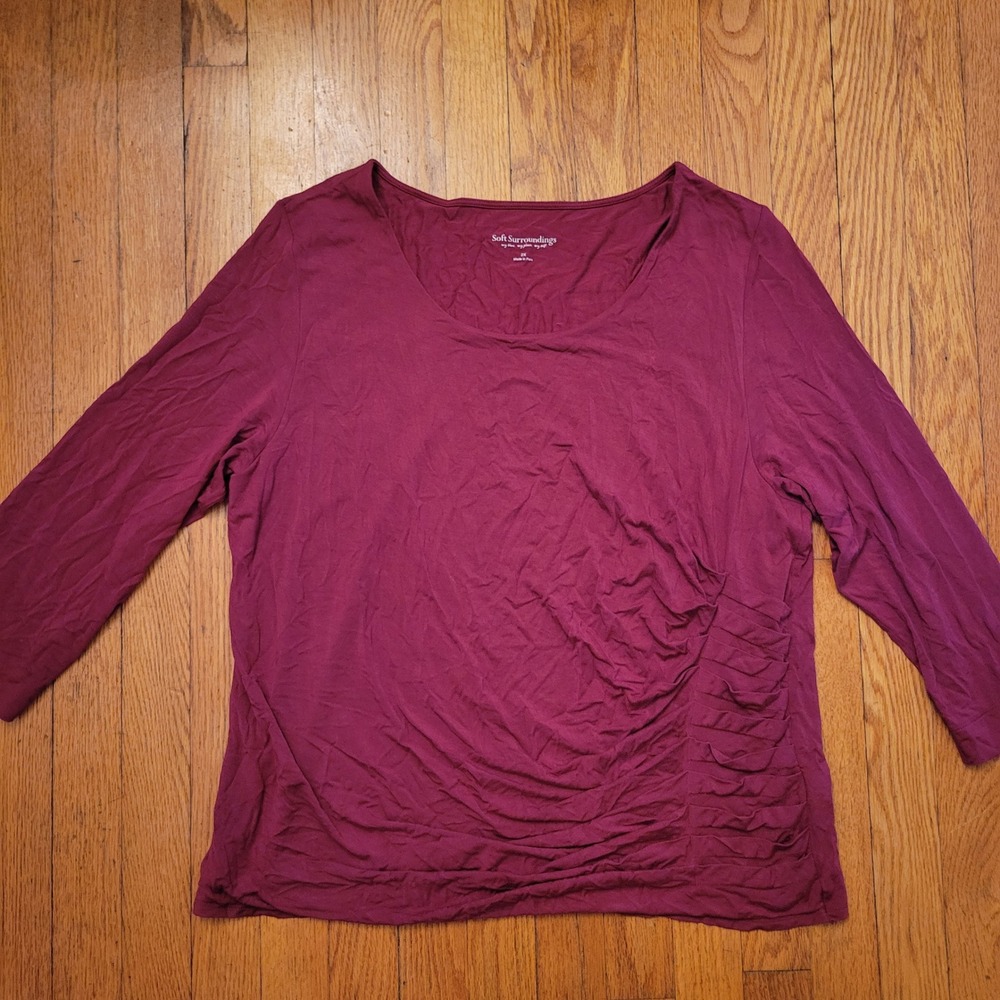 Soft‎ Surroundings Ruched Gathered Long Sleeve Top 2X ELISA MERLOT Stretch Fall